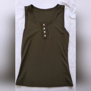 Khaki Button-Detail Ribbed Tank Top